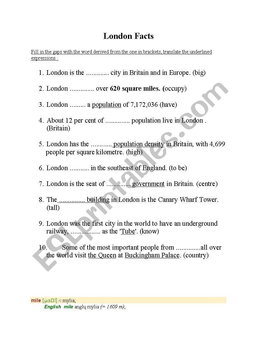 london facts worksheet