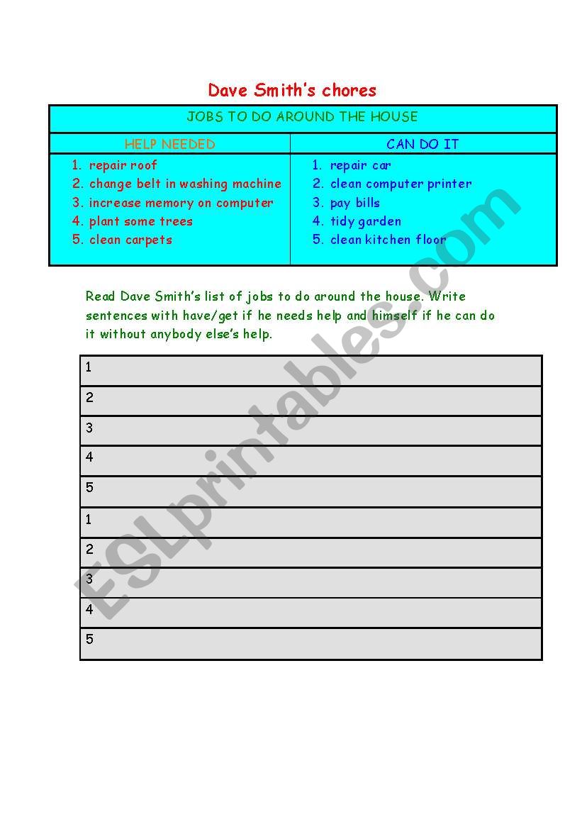 Dave Smiths Chores worksheet