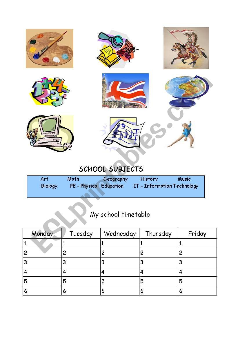 school subjects worksheet