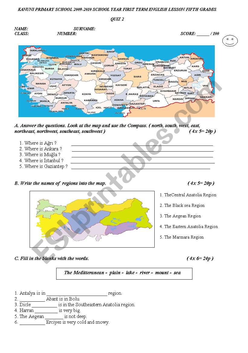revision test of regions compass and geographical features