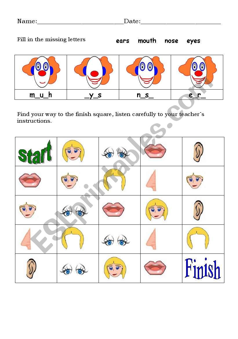 Head parts worksheet