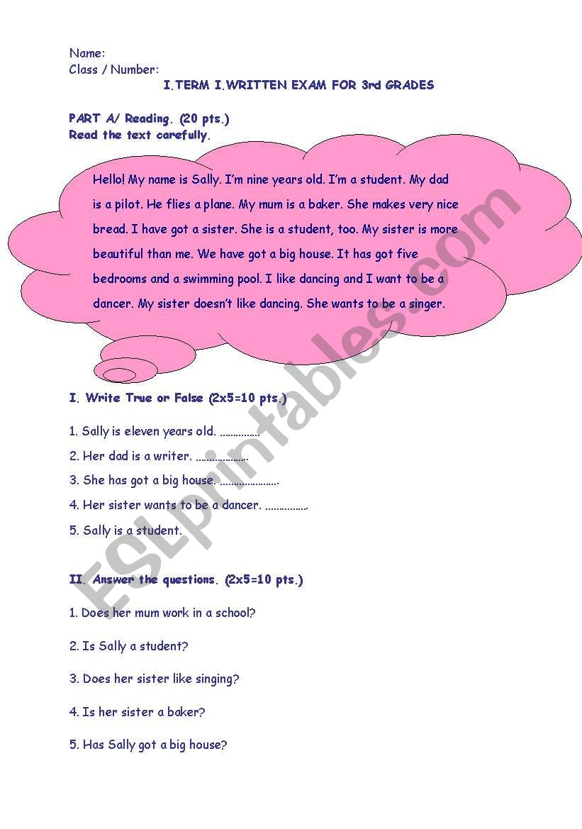 Exam sample for elementary students