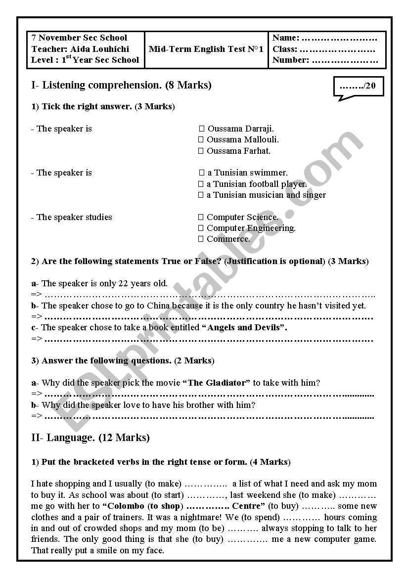 Test : 1st year secondary school (Tunisia)