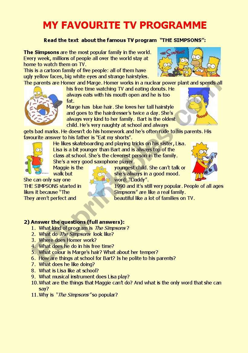 My favourite TV program worksheet