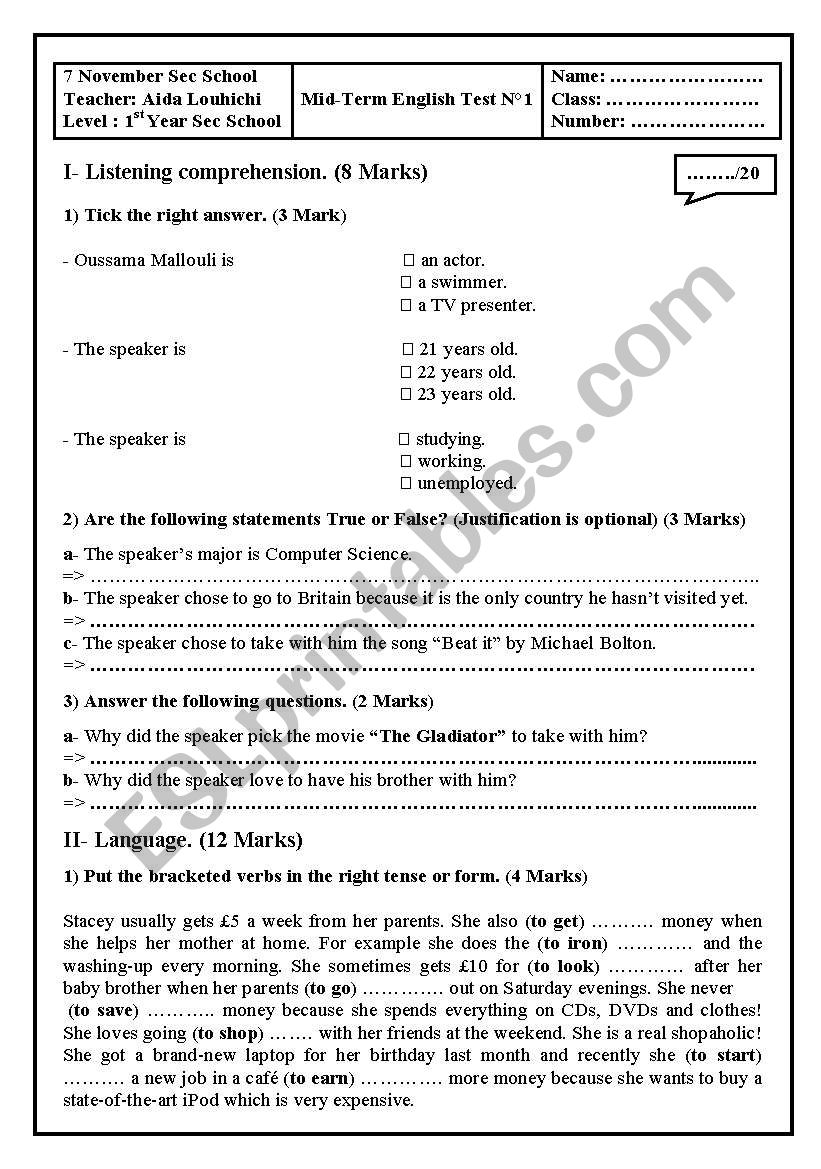 Exam: 1st year secondary school