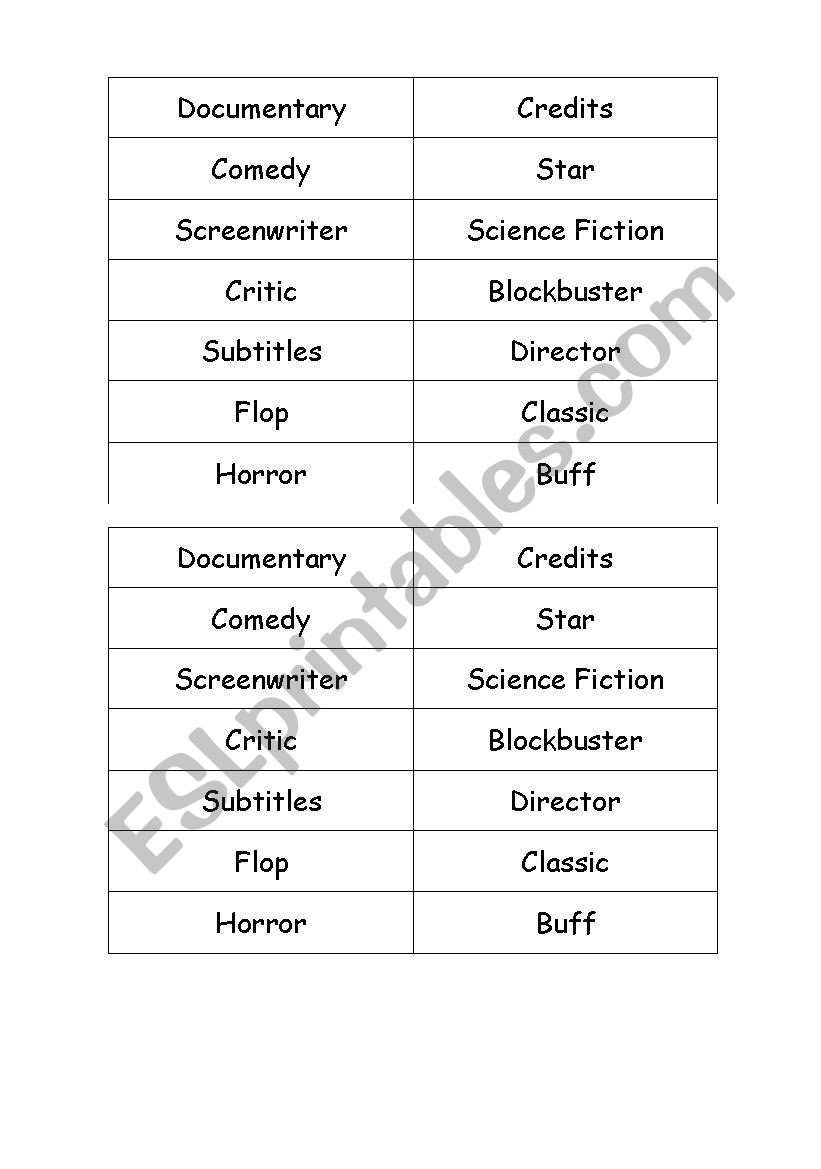 Movies - Matching Cards worksheet