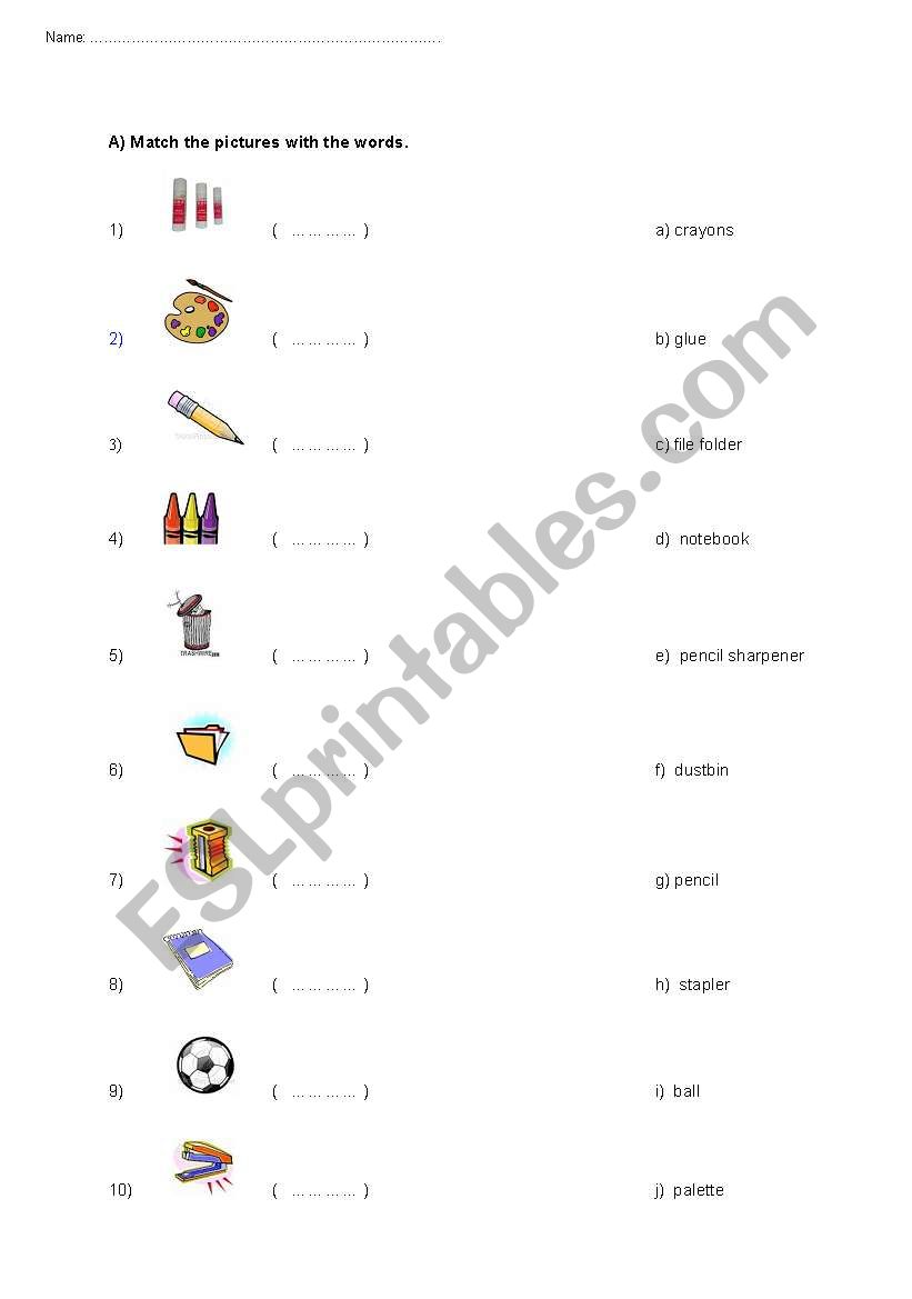 10 school objects worksheet