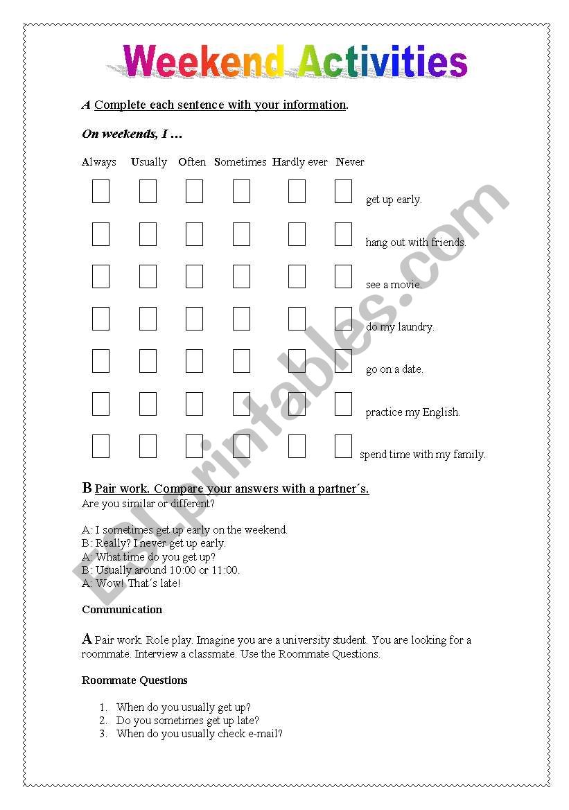 weekend activities worksheet pdf