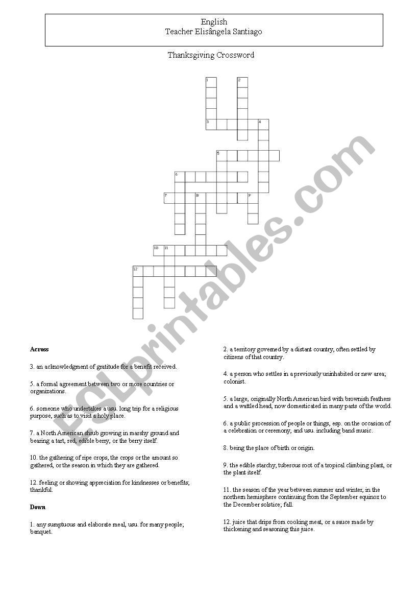 Thanksgiving Crossword worksheet