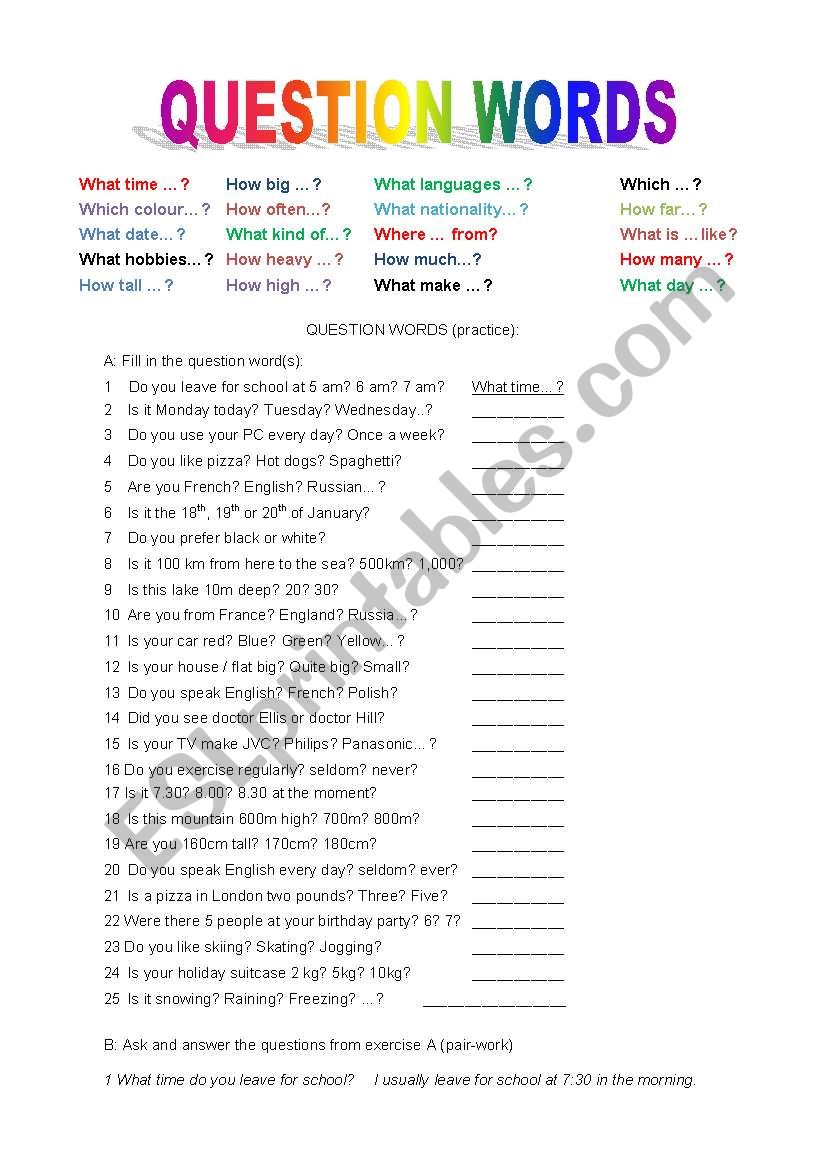 Question words worksheet