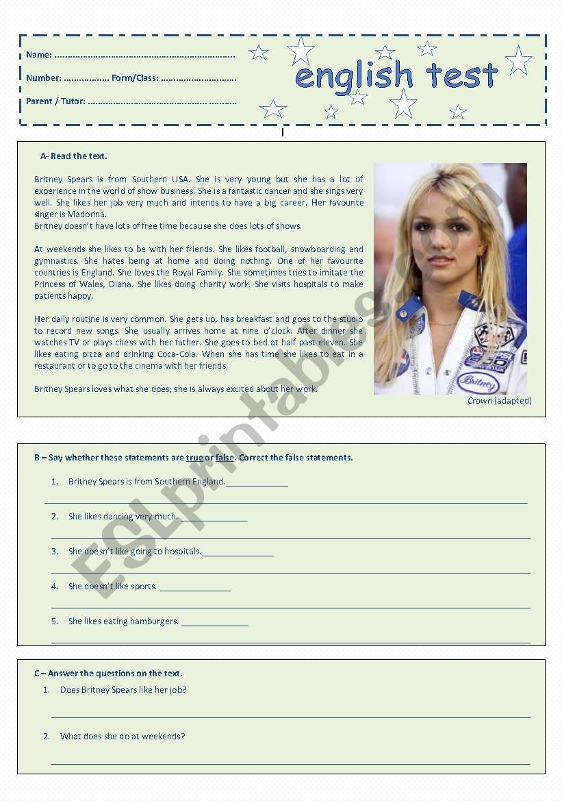 7th Grade Test - Free Time Activities - Britney Spears