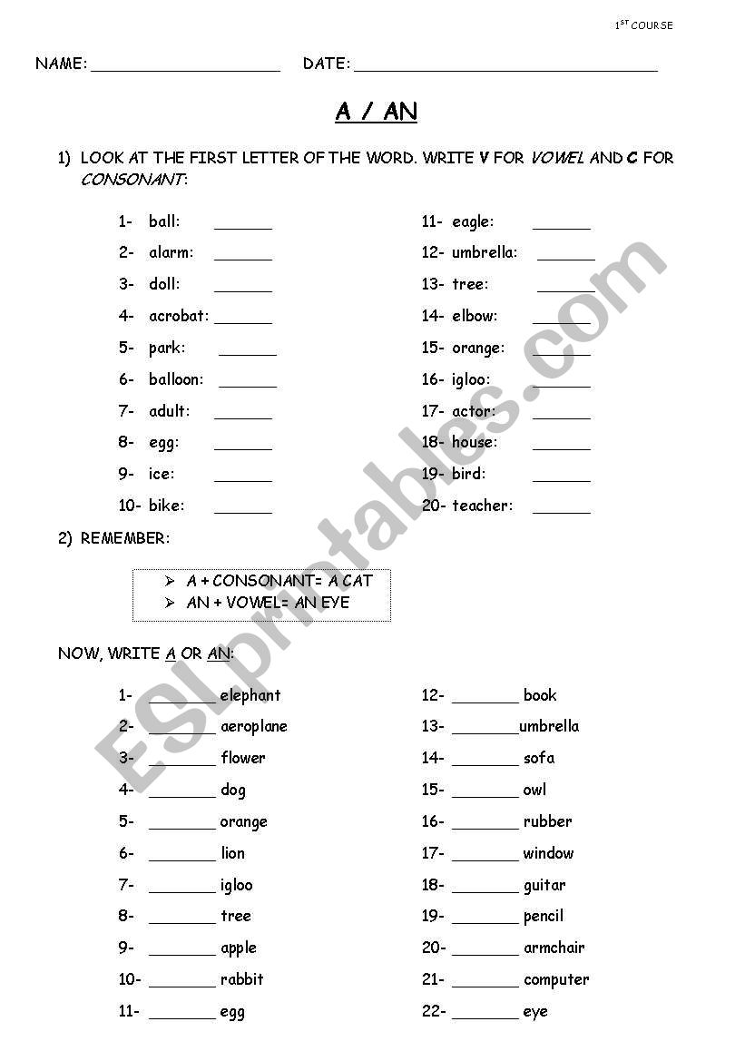 articles a /an worksheet