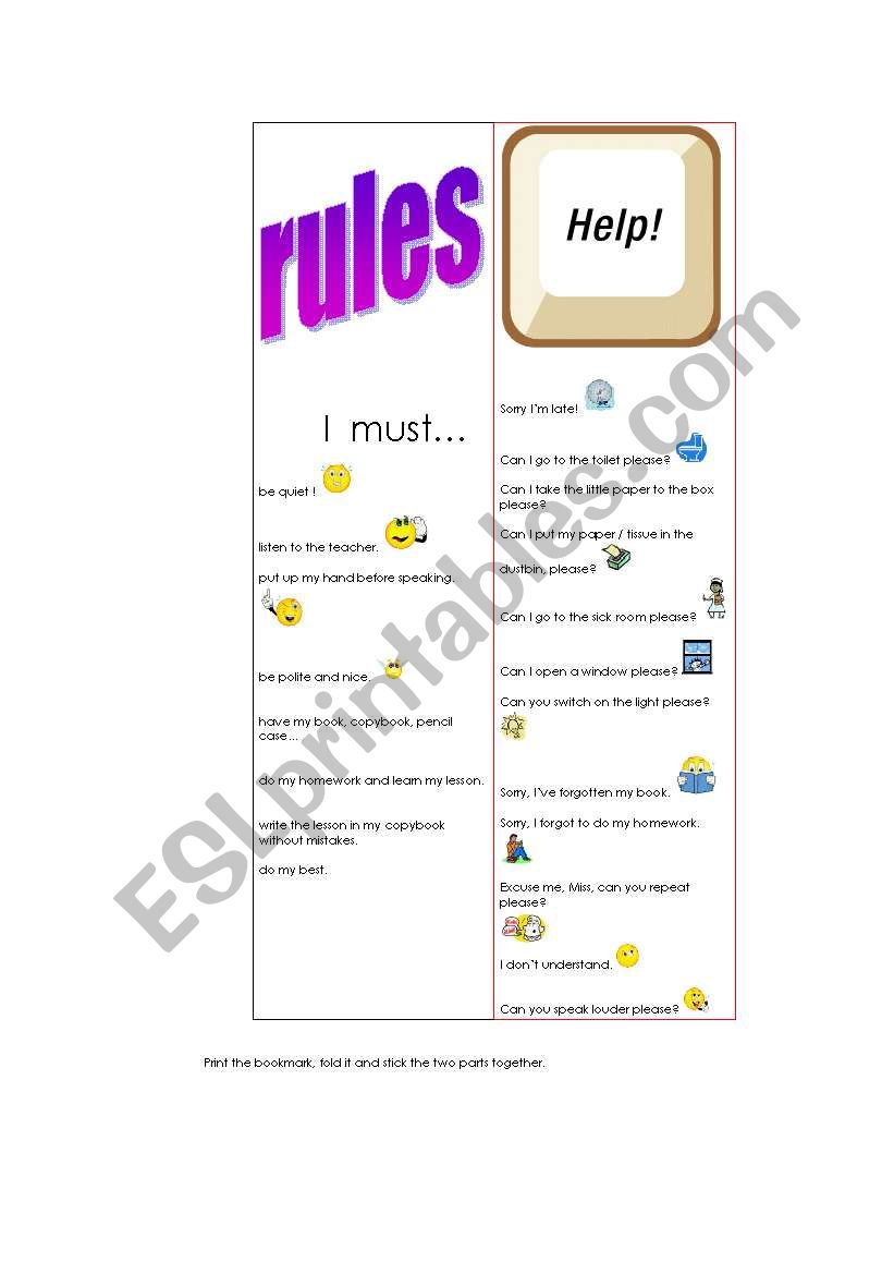 school rules bookmark worksheet