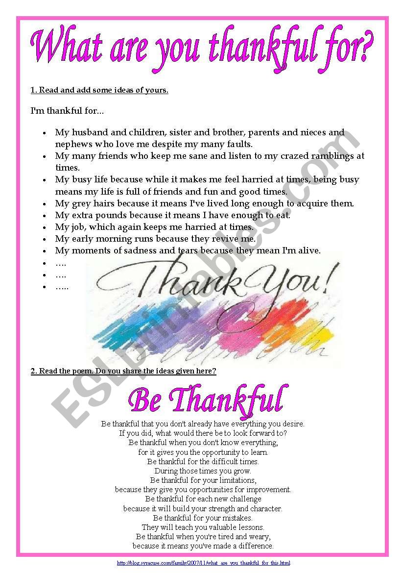 What are you thankful for? worksheet