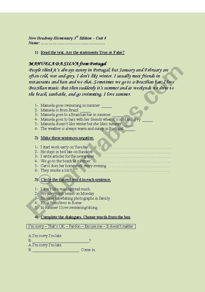 New headway elementary Unit 4 Test