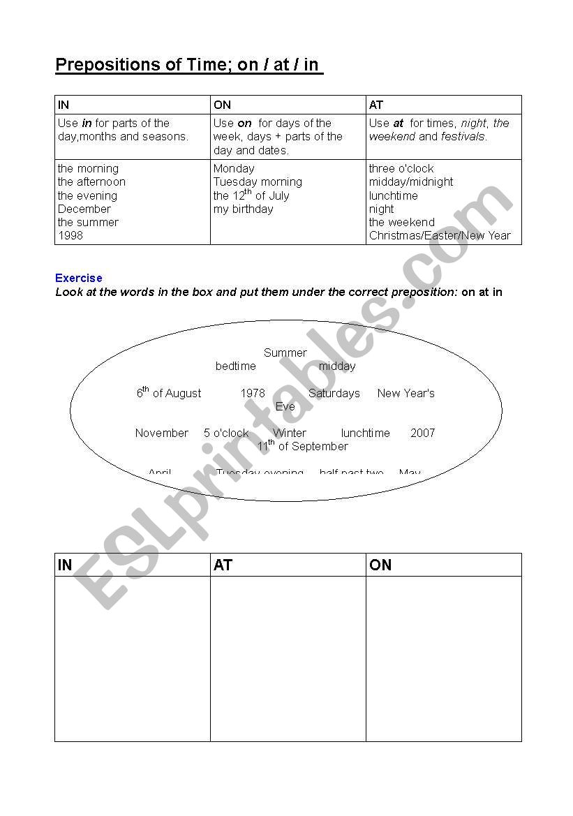 PREPOSITIONS ON IN AT worksheet