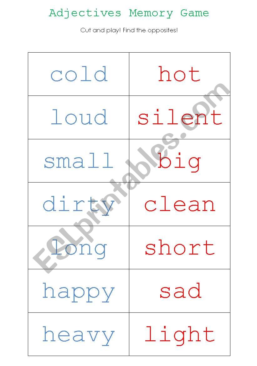 Adjectives Memory Game worksheet