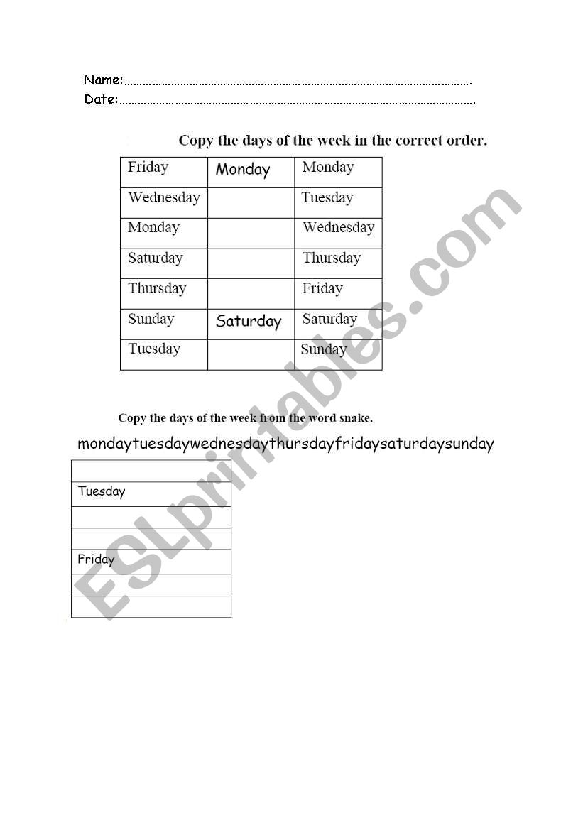 days of the week worksheet