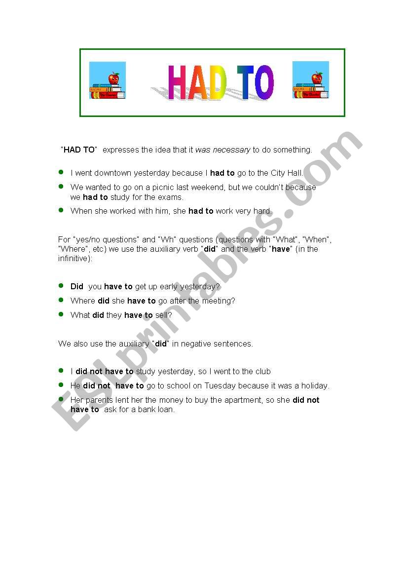 HAD TO Worksheet ESL Worksheet By Newuser07