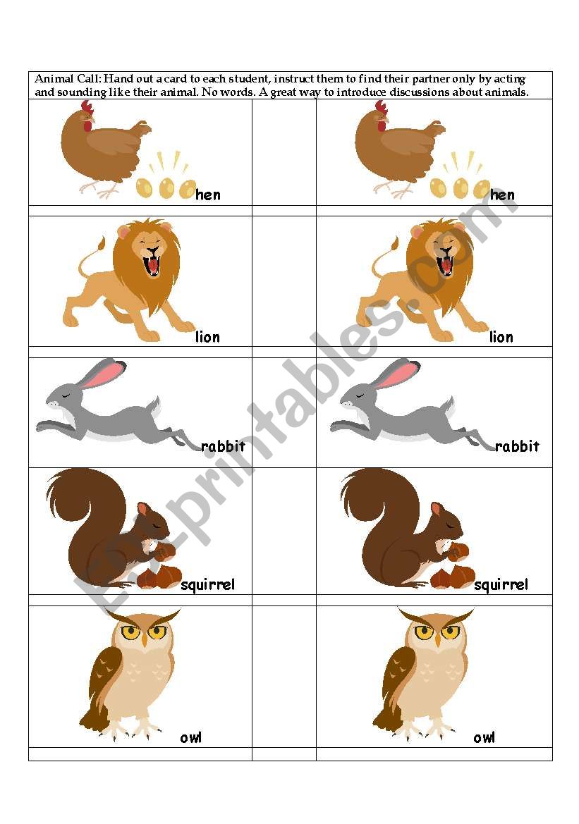 Animal Call worksheet