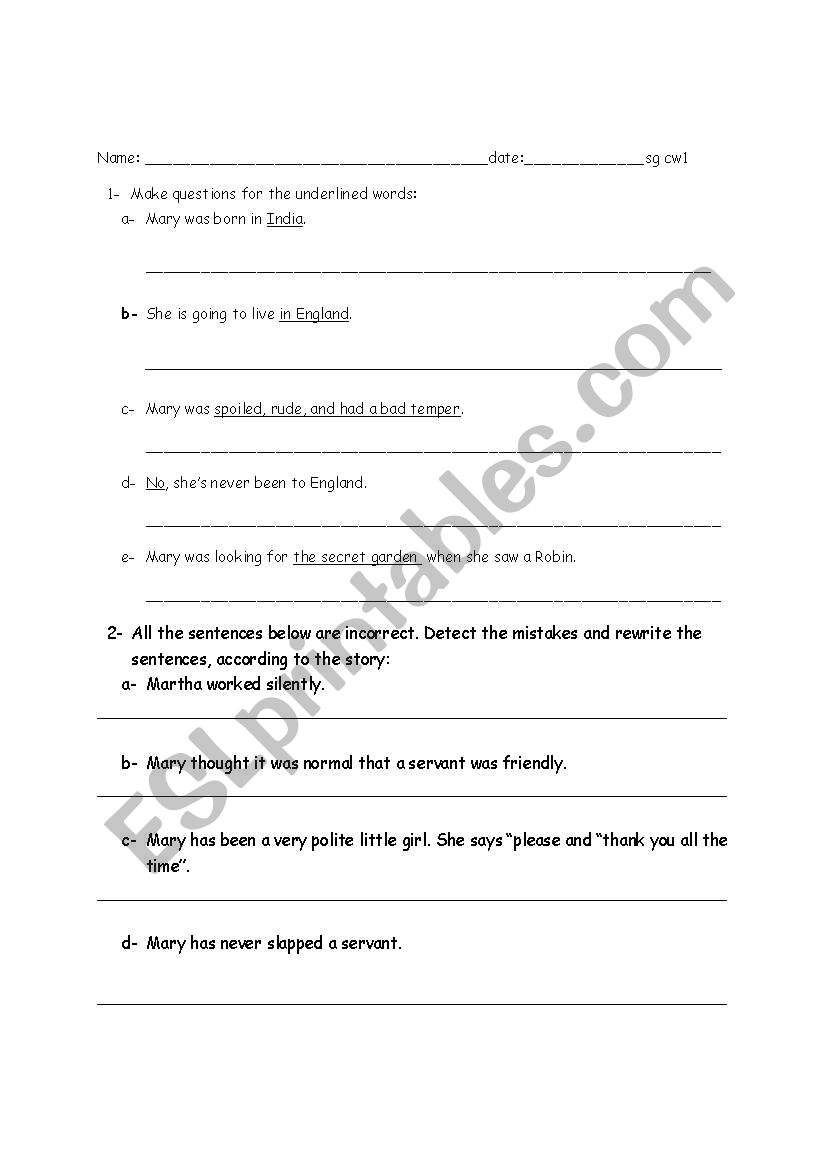secret garden verb tenses practice