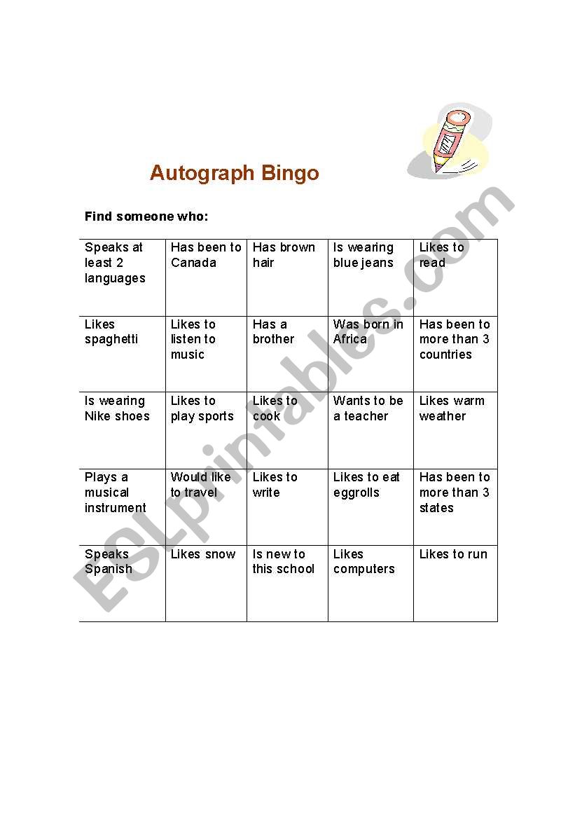 Autograph bing worksheet