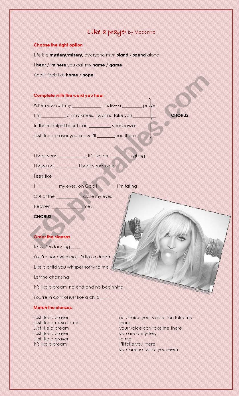 Like a prayer song by Madonna worksheet