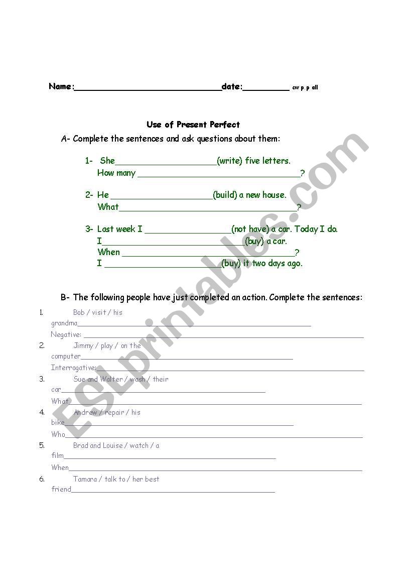 present perfect worksheet