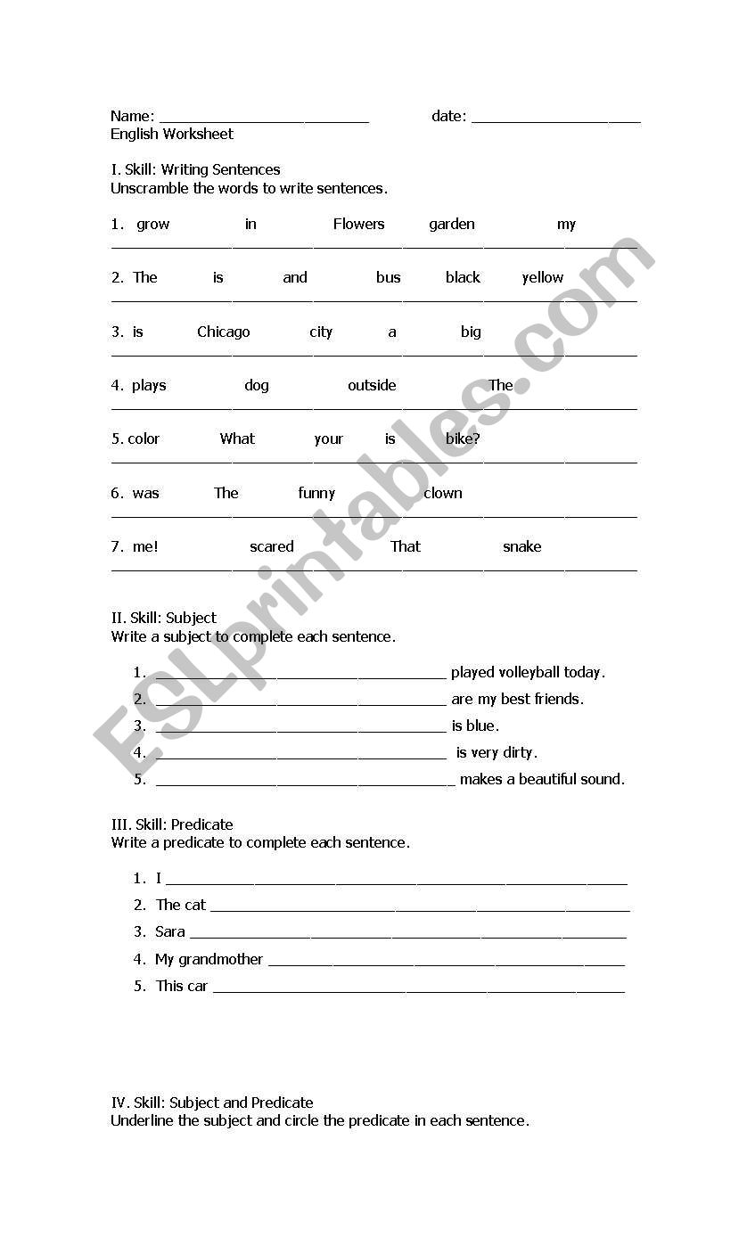 Writing Sentences : Subject and Predicate