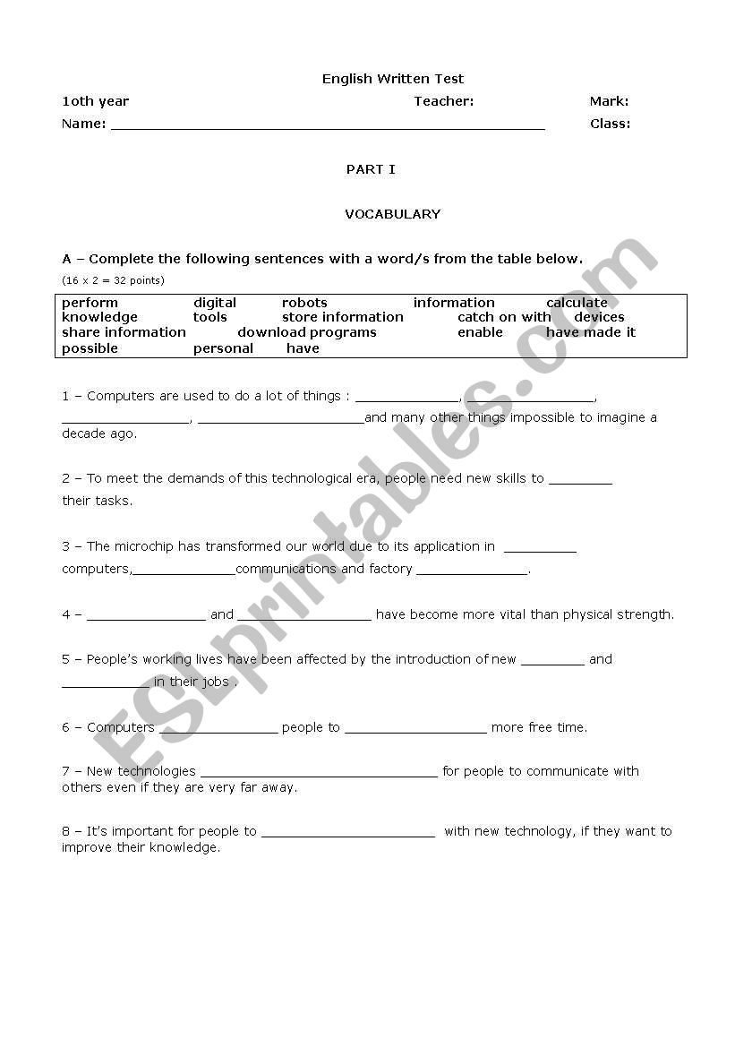 New technologies worksheet