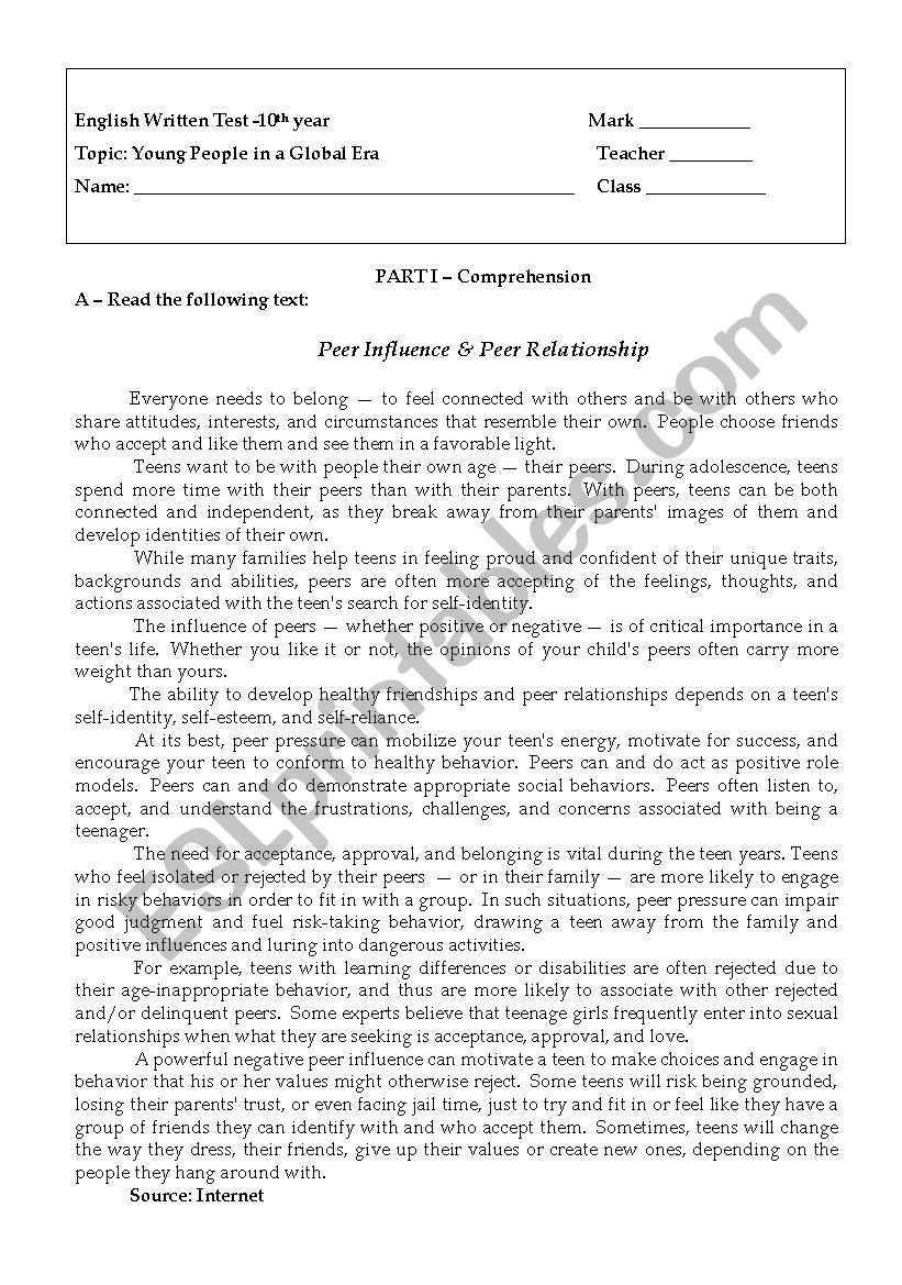 Young people - peer influence worksheet