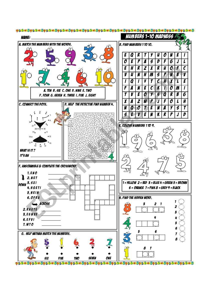 Numbers 1-10 Madness worksheet