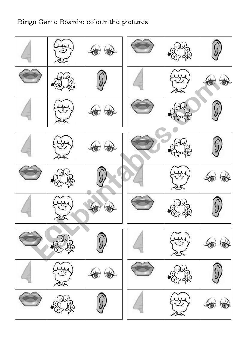 Head parts bingo game with boards