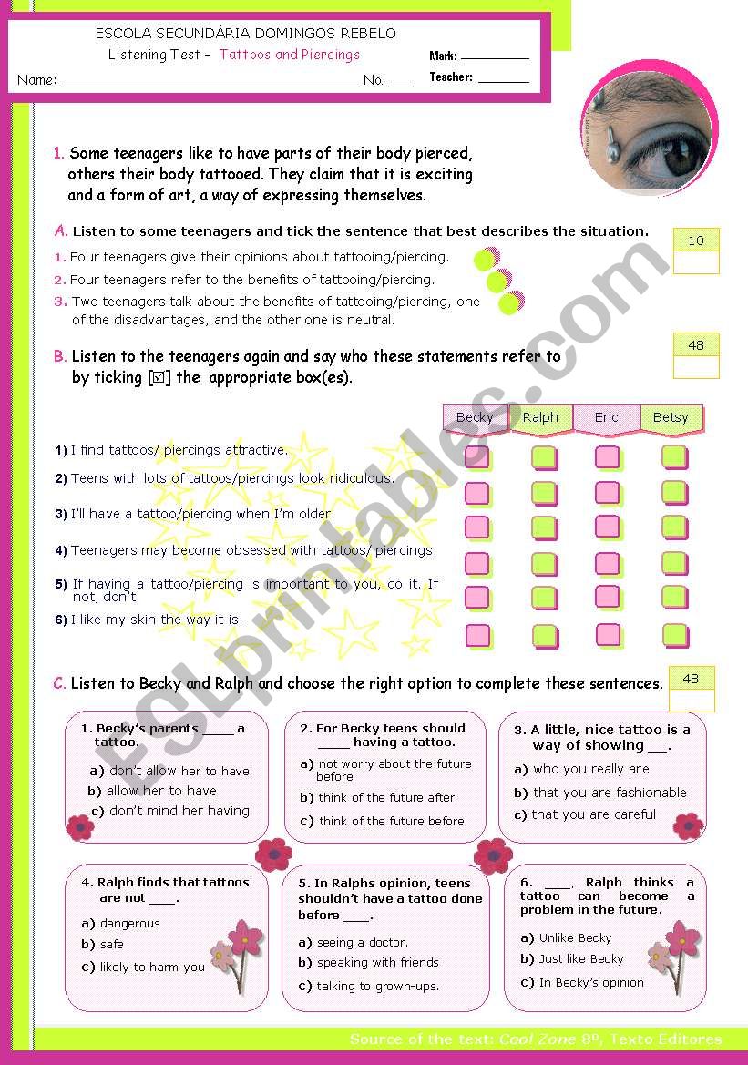 Listening worksheet on fashion/trends -Tattoes and piercings