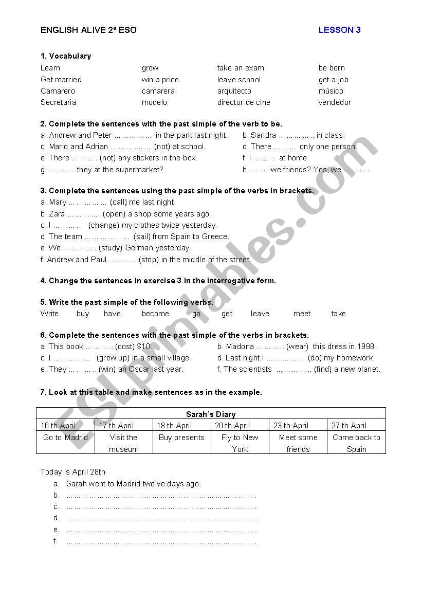 ENGLISH ALIVE 2 ESO - PRACTICE TEST - UNIT 3