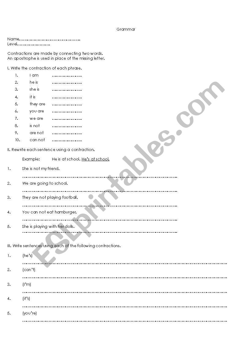 Basic Contractions worksheet