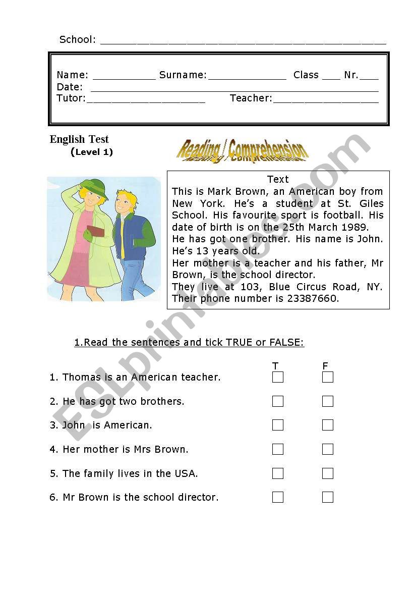 elementary test worksheet