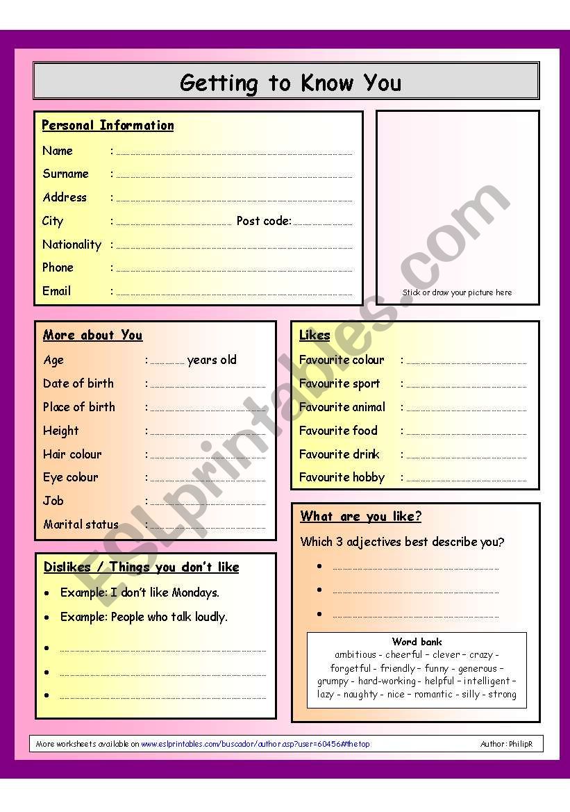 Getting to know you - Questionnaire - ESL worksheet by PhilipR