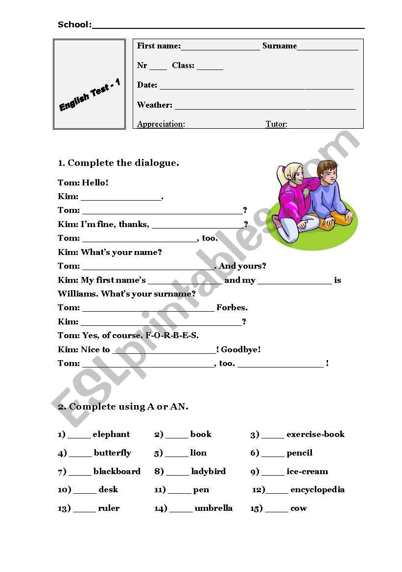 elementary test worksheet