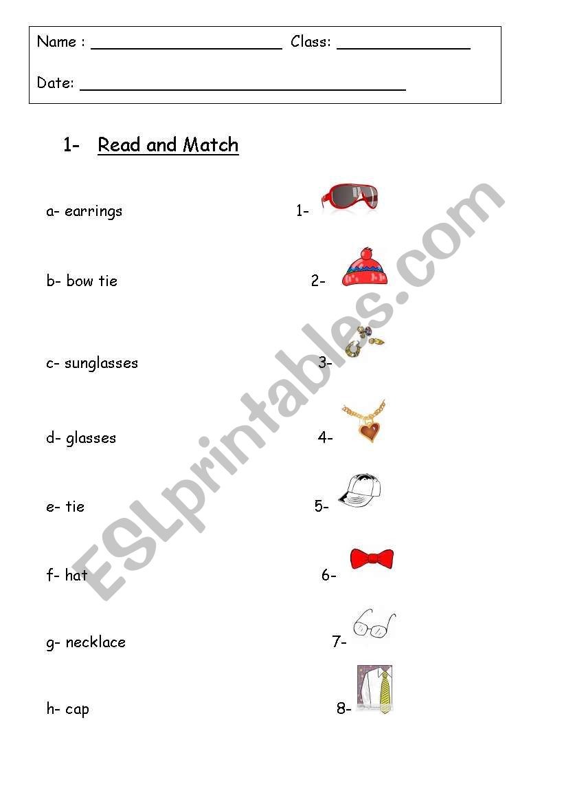 accessories matching worksheet