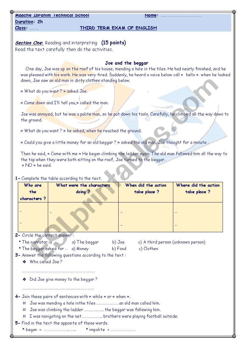 Joe and the Begger worksheet