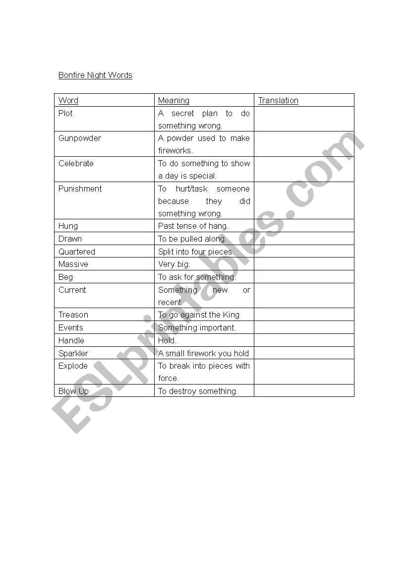 Bonfire Night Vocabulary worksheet