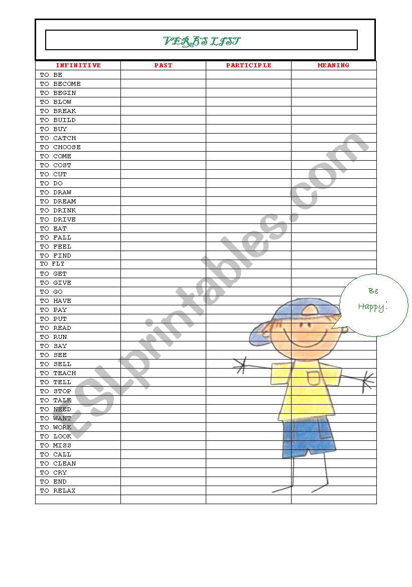 verbs list worksheet