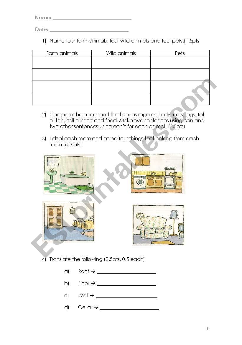Animals and House worksheet