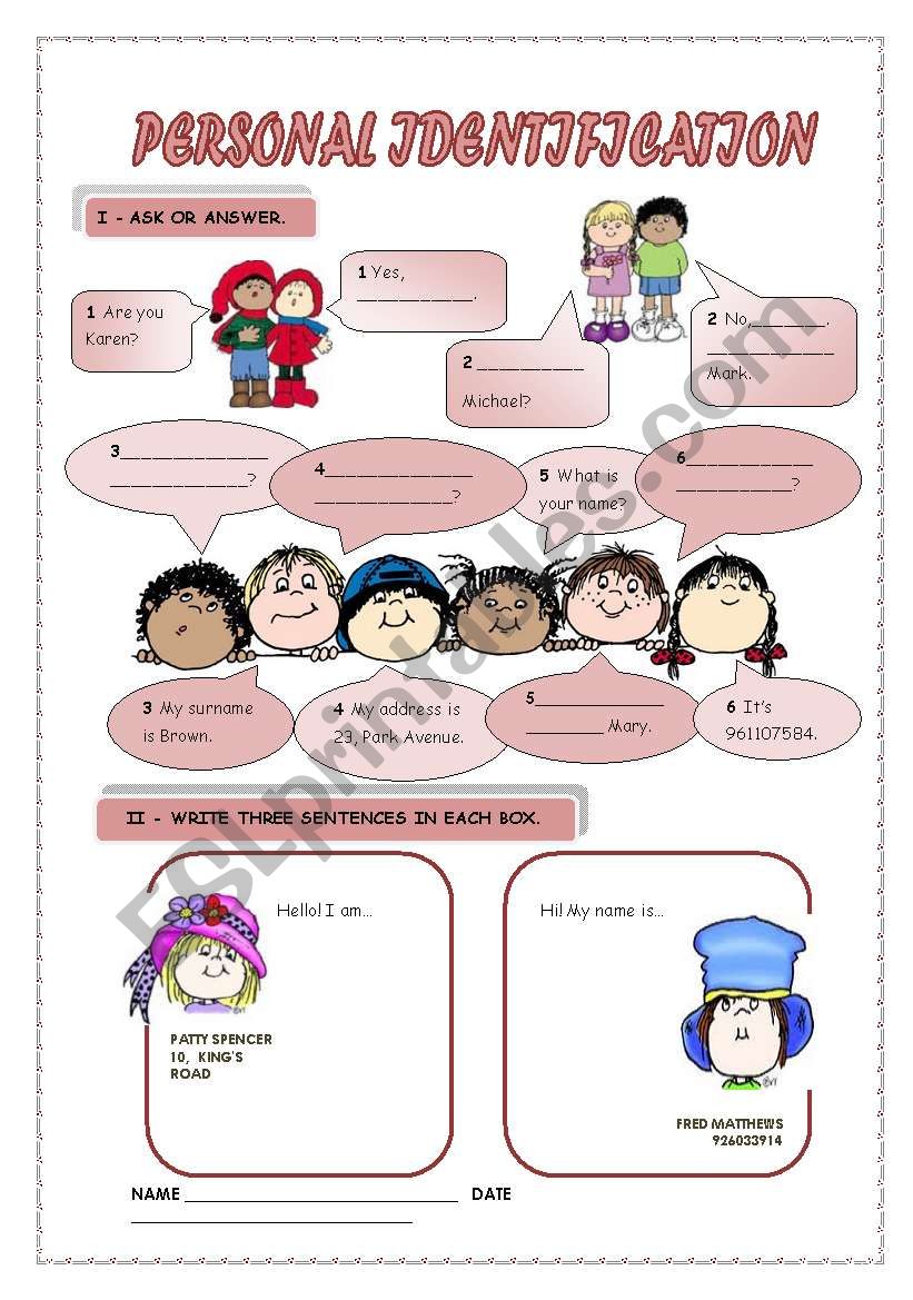 PERSONAL IDENTIFICATION worksheet