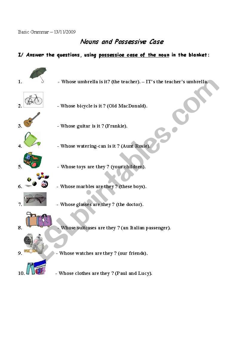 Possessive case of Nouns worksheet