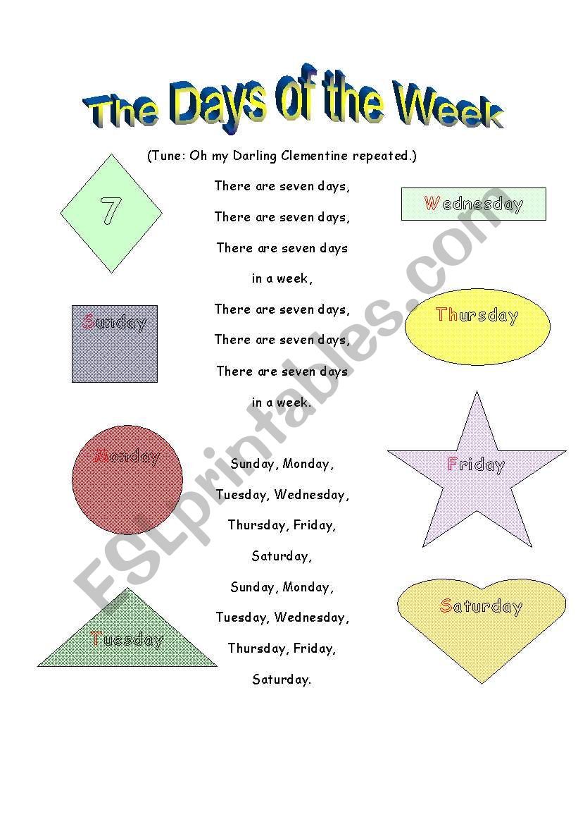 Days Of The Week Part 1 Song Esl Worksheet By Abennie