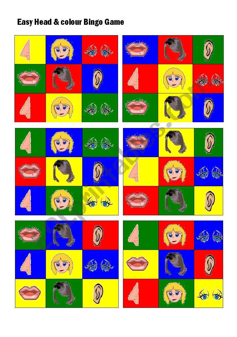 Easy Head & colour Bingo Game worksheet