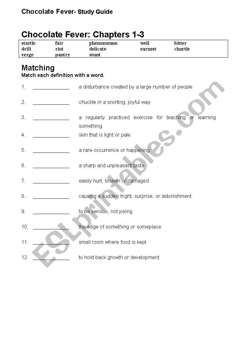 Chocolate fever study gide worksheet