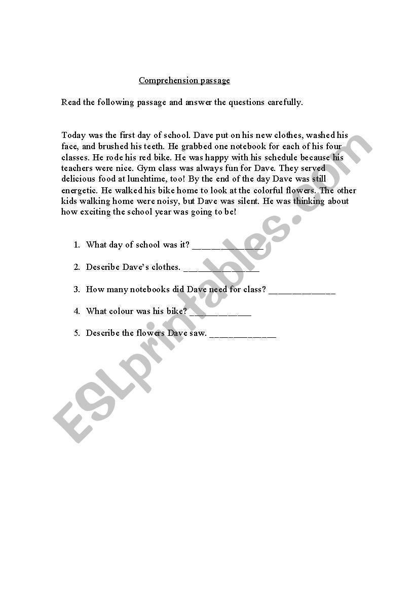 reading comprehension worksheet